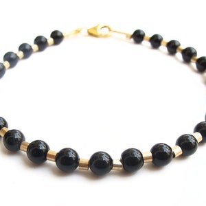 Black Onyx 14 K Yellow Solid Gold Tube Beads Bracelet Natural Gemstone ...