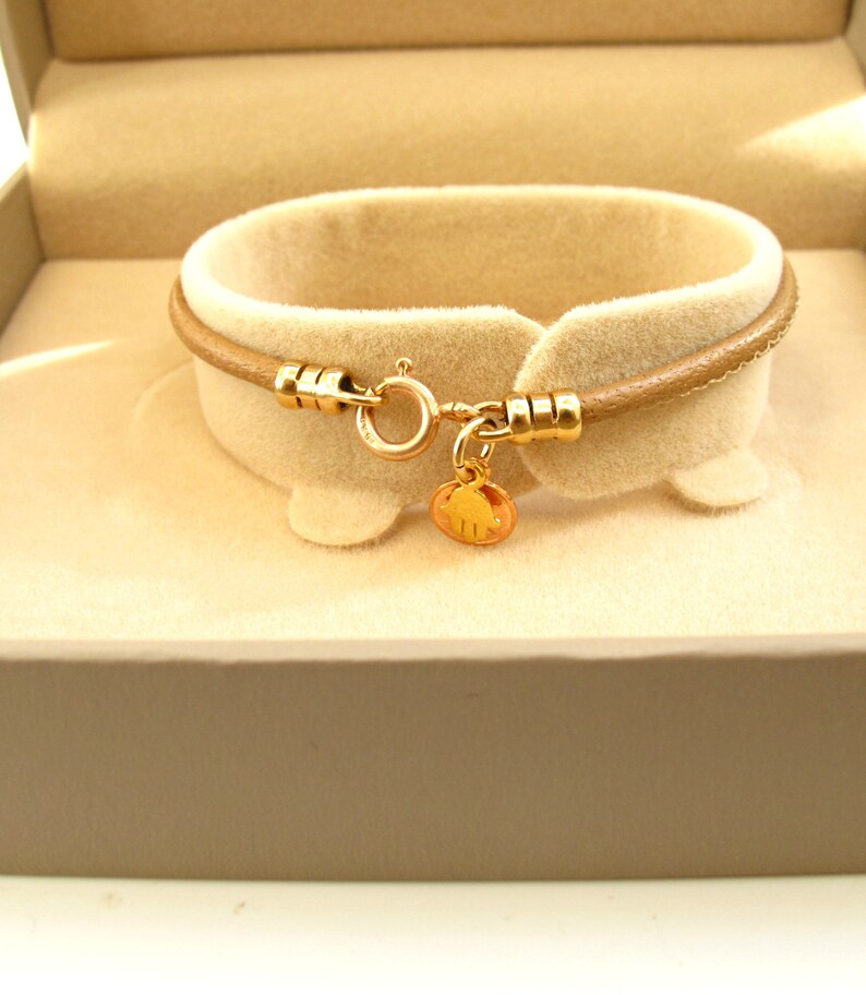 14K Solid Yellow Gold Camel Leather Charms Bracelet Hamsa Etsy