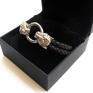 panther head black leather silver plated bangle bracelet
