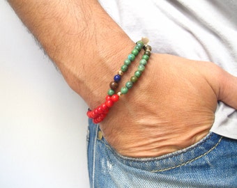 Pulseira de pedras preciosas multicoloridas em ouro 14k hamsa turquesa coral lapis tigre contas