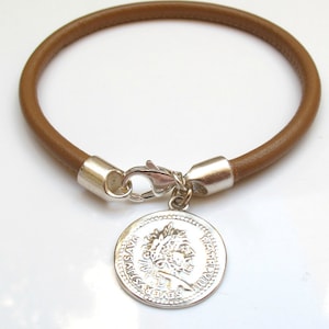 camel leather silver roman coin bracelet