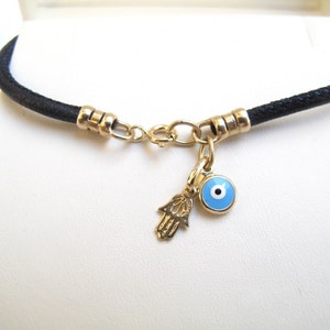 kabbalah luxury 14k solid gold hamsa blue evil eye amulet charms black leather bracelet