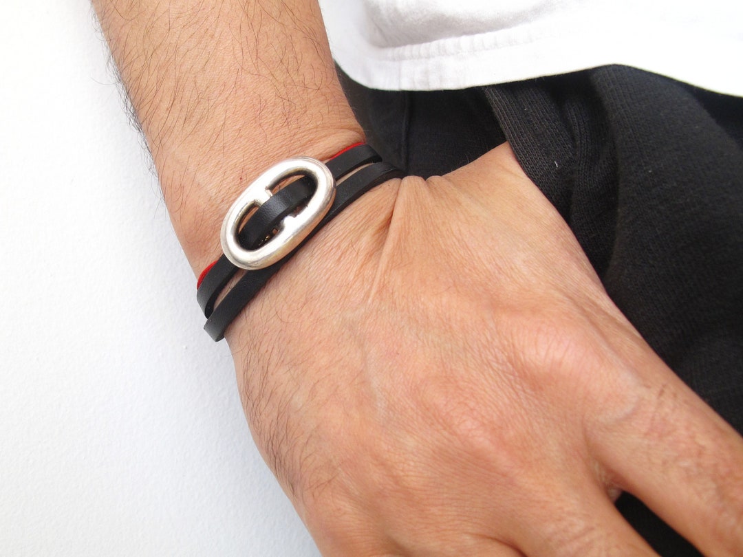 Sterling Silver Oval Charm Horse Bit Style Black Leather Bangle ...
