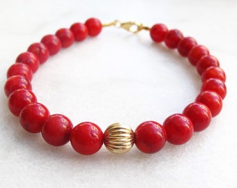 red coral 14 k yellow gold bracelet large beads natural gemstone unisex bangle