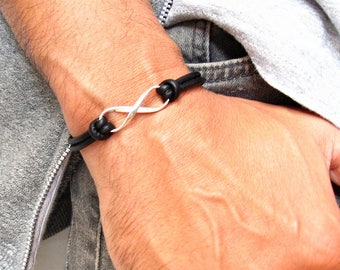 925 sterling silver black leather infinity bracelet