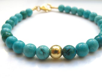14K yellow gold turquoise gemstone beads bracelet