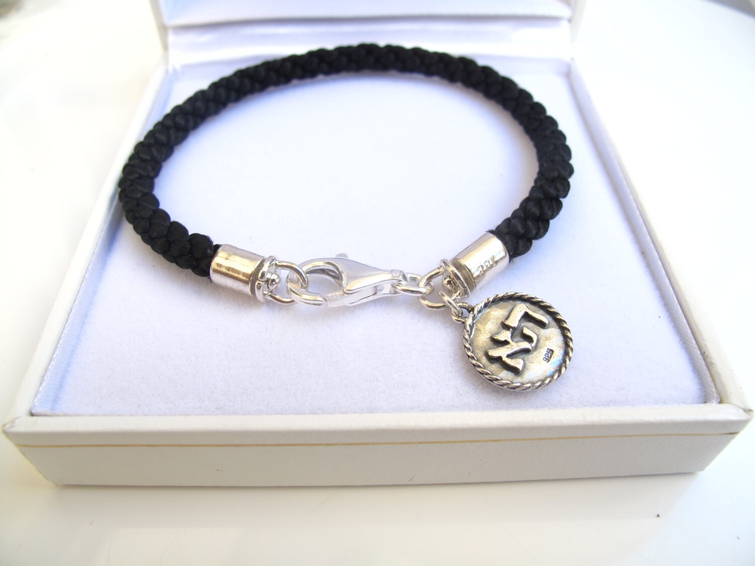 Kabbalah Lucky Amulet Black Cord Bangle Sterling Silver Bracelet ...