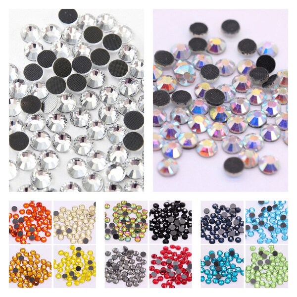 DMC Hot Fix ss10 (2,8 mm) / ss16 (4 mm) / ss20 (4,8 mm) / ss30 (6,5 mm) Verre cristal strass HotFix dos plat (fer sur)