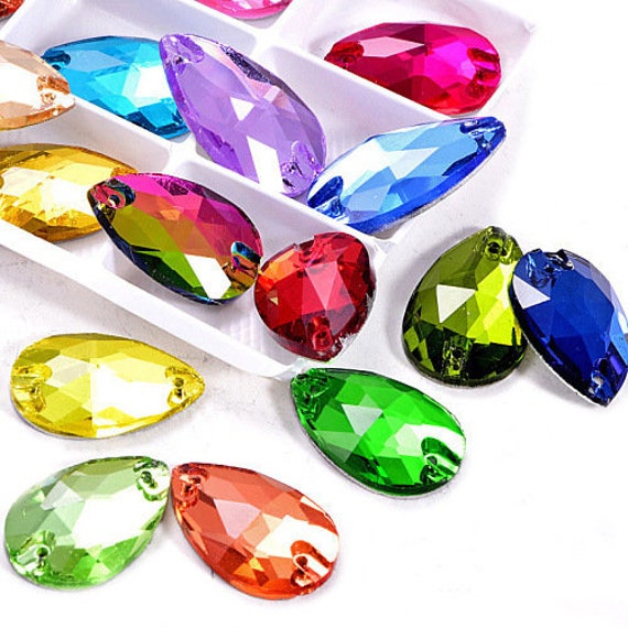 2 Holes Sew on Flat Back Crystals Rhinestones TEAR DROP 7x12mm 11x18mm  17x28mm Red, Pink, Green, Blue, Purple, Gold, Yellow 