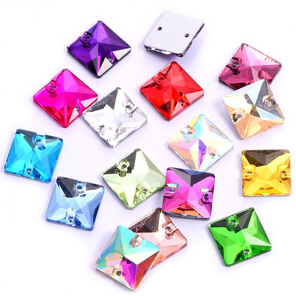 2 Holes sew on flat back crystals rhinestones SQUARE 10mm 14mm 16mm red, pink, green, blue, purple, gold, yellow
