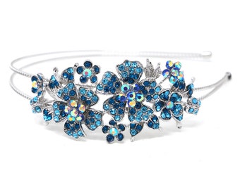 Crystal rhinestones Metal blue flowers wedding headband head accessories