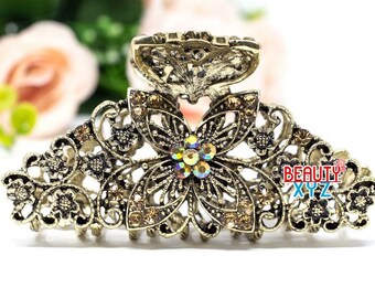 Large brown color metal flower crystal hair claw clip bridal clip clamp