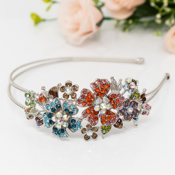 Multi Color Gem Stone Crystal Headband -- NEW Aurore Glam Simple Headband Hairband use Cubic Zirconia  main image 3