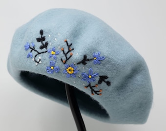 Hand Embroidered 100% Wool Flower Beret French Hat Winter Beret BLUE COLOR