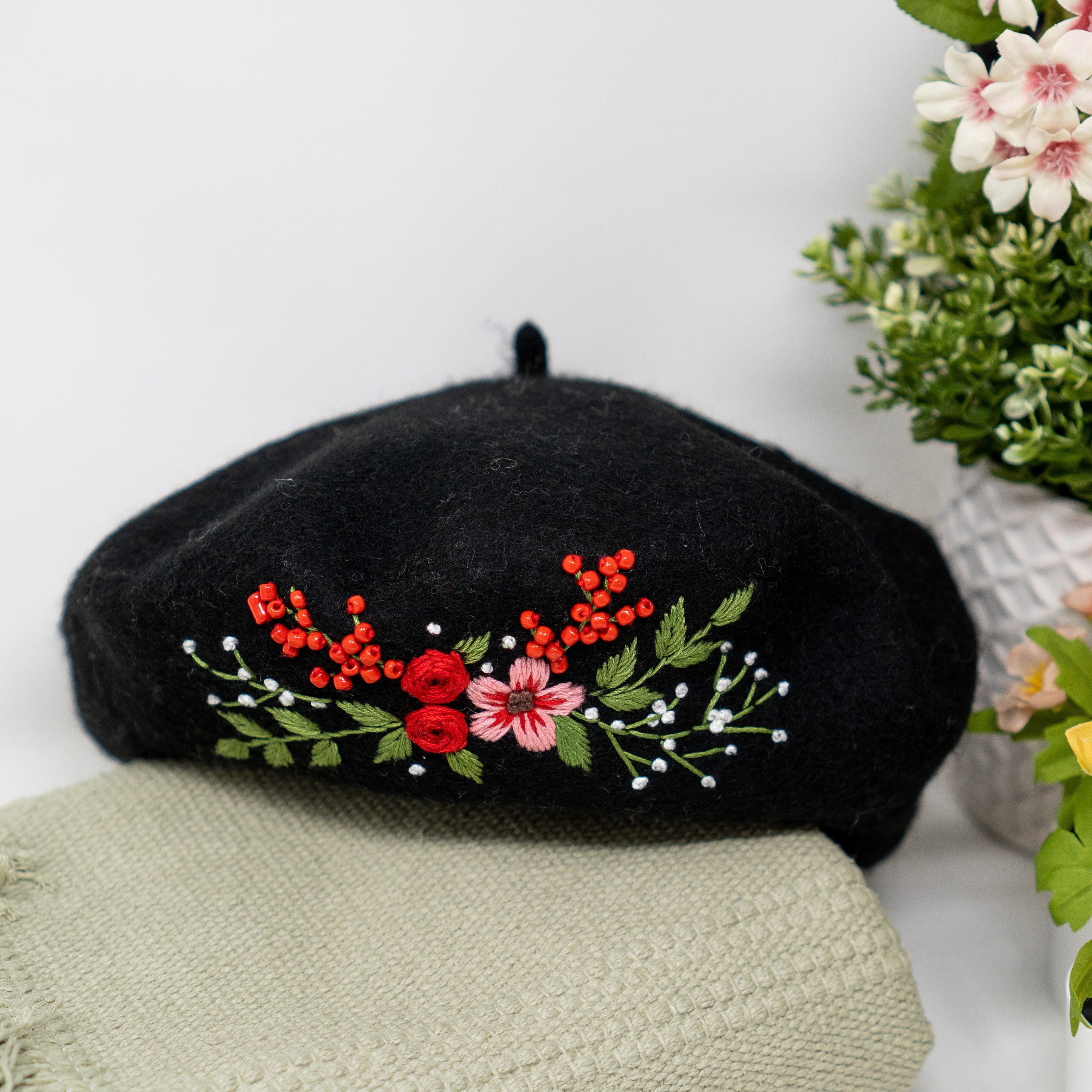 Hand Embroidered 100% Wool Classic Beret French Hat Winter