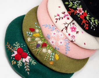 Hand Embroidered 100% Wool Classic Beret French Hat Winter Cap Warm Multi-color Beret