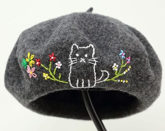 Hand Embroidered 100% Wool Cat Flower Beret French Hat Winter Beret Cap