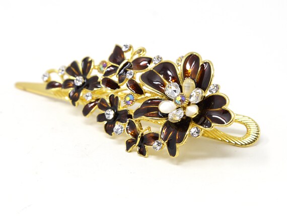 Elegant Vintage Butterfly Flower Brown Crystal Gold Plated  display picture 1