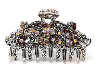 Woman's metal brown rhinestones crystal butterfly hair claw hair clip clamp