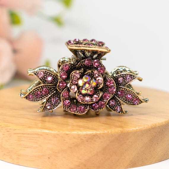 Vintage Rose Crystal Hair Clip - Sparkling Rhinestone Floral  display picture 2