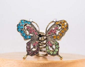 Vintage Rhinestone Butterfly Hair Clip | Colorful Crystal Claw Clip | Cute Accessory Gift