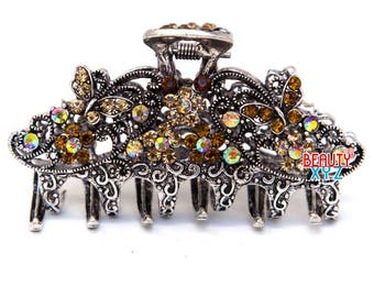 Woman's metal brown rhinestones bling butterfly hair claw hair clip clamp