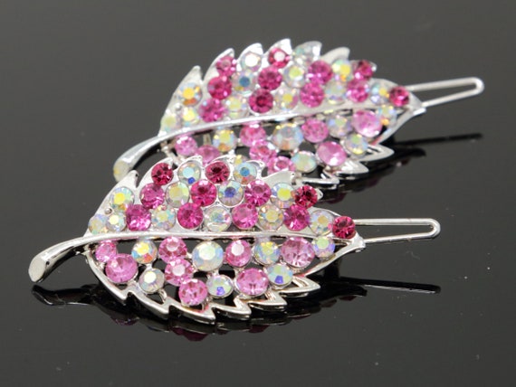 Set of 2 Pieces Pink Color Rhinestones Crystal Wedding Hair 