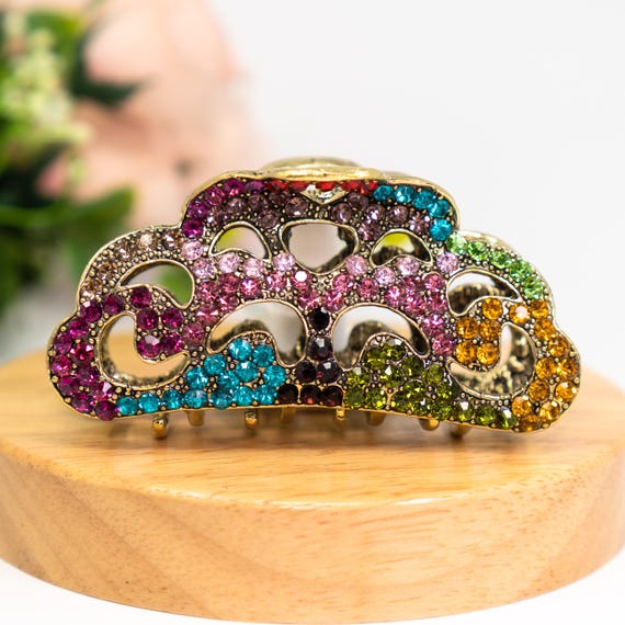 VTG Hair Claw Clip Multicolor Rhinestone Antique Gold Tone Metal Boho Lot of 3 Vtg Hair Claw Clip Multicolor Rhinestone Filigree Antique  main image 2