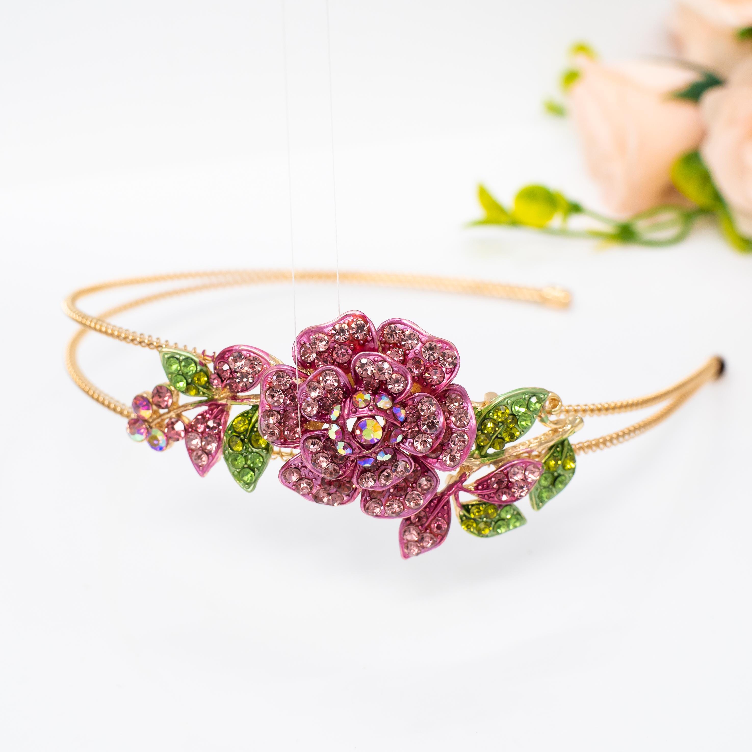 Handmade Embellished Floral Headband - Gold Green Orange Handmade Pearl Headbands | Women main image 2
