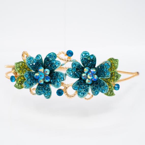 blue floral headband with gemstone accents, elegant floral branch hair band sparkling floral - Temu  main image 4