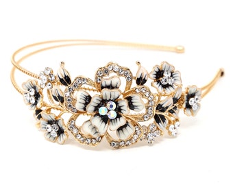 woman wedding black color Crystal Metal big flowers headband headwear