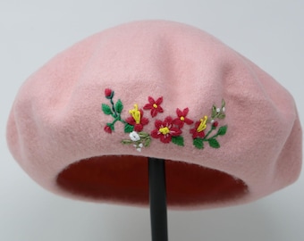 Hand Embroidered 100% Wool Flower Beret French Hat Winter PINK Beret