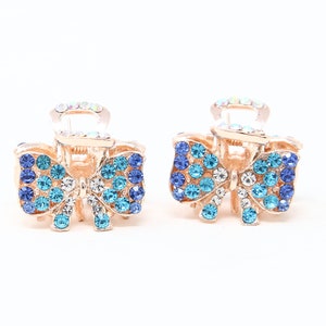 Set of 2pc mini Size Metal Bow hair claw clips with blue crystals Rhinestones