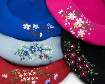 Unique Hand Embroidered 100% Wool Flower Beret French Hat Winter Cap Warm Beret