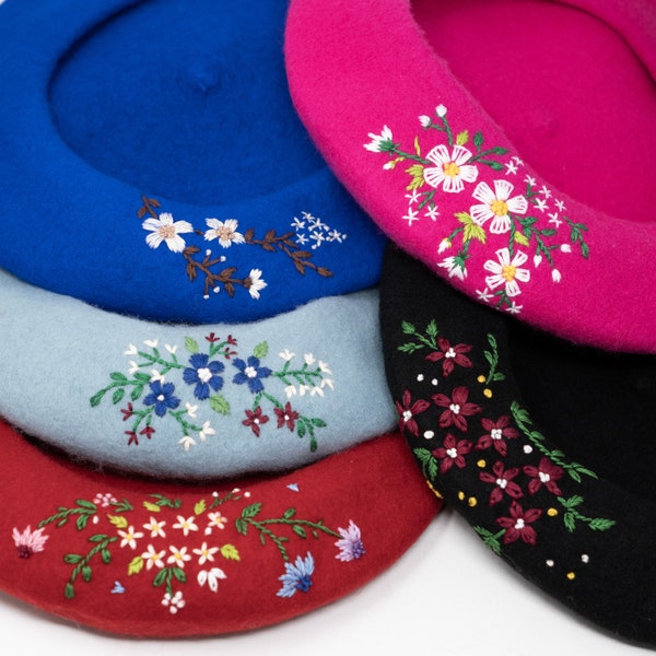 Unique Hand Embroidered 100% Wool Flower Beret French Hat Winter Cap Warm Beret
