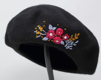 Hand Embroidered 100% Wool Flower Beret French Hat Winter Black Beret