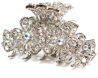 silver metal flower hair claw clip with crystals rhinestones bridal hair claw clip
