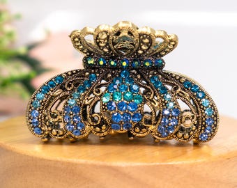 Vintage-Inspired Crown Hair Clip with Crystal Accents, Antique Gold Barrette, Royal Tiara Hair Accessory, Elegant Bridal or Prom Hairpiece