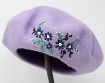 Hand Embroidered 100% Wool Flower Beret French Hat Winter Beret Purple