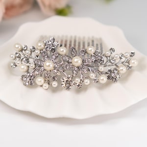 Rhinestone and Pearl Wedding Comb - Floral Bridal Hairpiece, Silver Hair Accessory for Brides