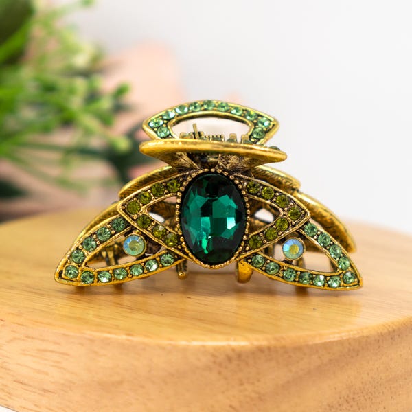 Emerald Large Crystal Hair Clip - Vintage-Inspired Rhinestone Hair Accessory in Antique Gold for Elegant Hairstyles