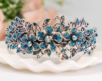 Vintage-Inspired Flower Hair Clip with Colorful Crystals - Bridal, Party, & Everyday Rhinestone Barrette for All Hair Types
