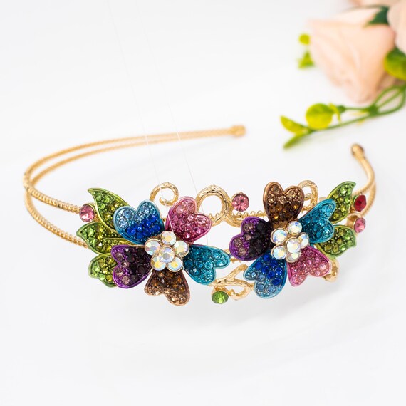 Vintage Gold and Brown Hair Accessory with Colorful Gems Bronze Floral Hair Comb Set, Green Gemstones, Vintage Bridal  main image 3