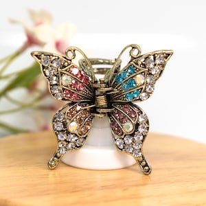 May include: A gold butterfly hair clip with clear, pink, and blue rhinestones.