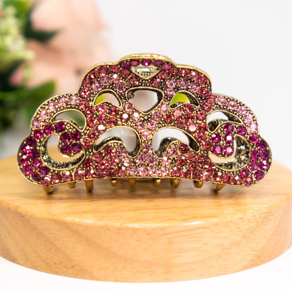 Gold and Diamond Encrusted Hair Clip New Antique Gold With Clear Crystal & Rhinestones 1 1/2  main image 2