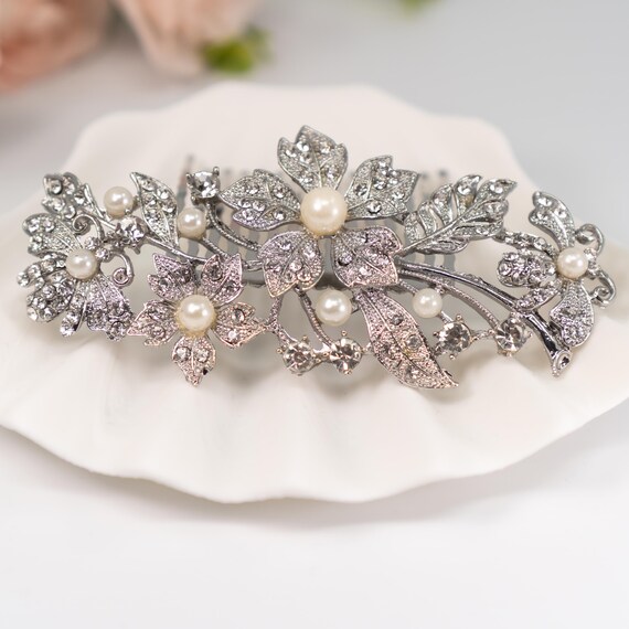 Elegant Silver Floral Hair Comb Tiara with crystals and Faux pearls. S2ea018ec47ad41afb46736321e0c8  main image 4