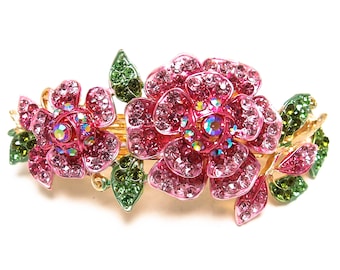 Flowers pink crystal Rhinestones Gold Plated Standard Size Hair Barrette hair clip