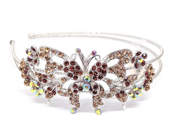 sparkly brown crystal rhinestones butterfly metal headband wedding hair accessories hair bands