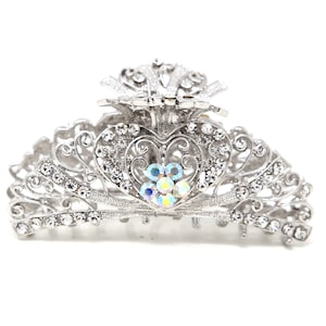 Large silver color metal heart  design crystal hair claw clip wedding hair clip