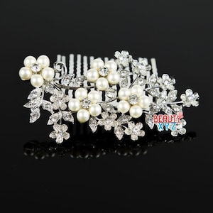 Elegant wedding bridal crystal rhinestones pearl flower and Leaf hair comb
